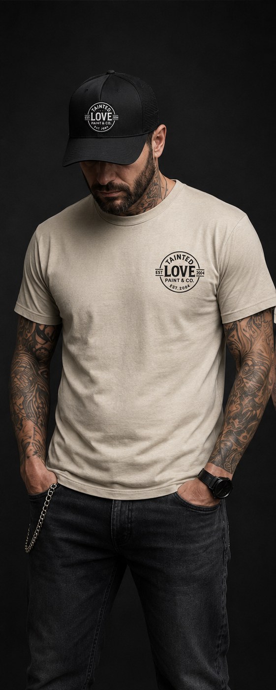 Sand Tainted Love Paint and Co. badge tee, chest and back print