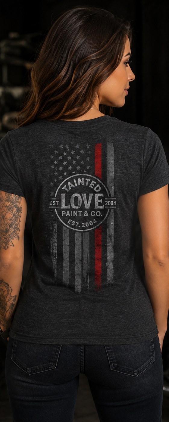 Black women's Tainted Love Paint and Co. tee, thin red line flag back print
